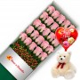 CAJA CON 24 ROSAS ROSADAS MAS PELUCHE Y GLOBO DÍA DE LA MADRE