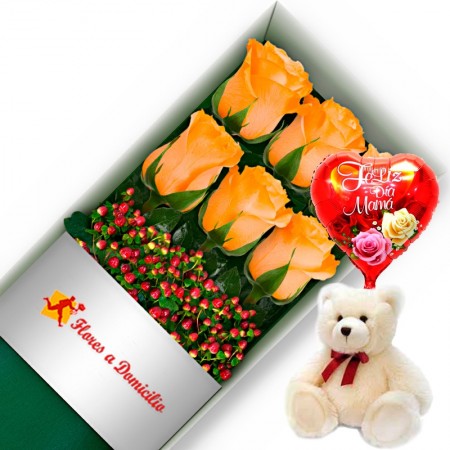 CAJA CON 6 ROSAS DAMASCO MAS PELUCHE Y GLOBO DÍA DE LA MADRE